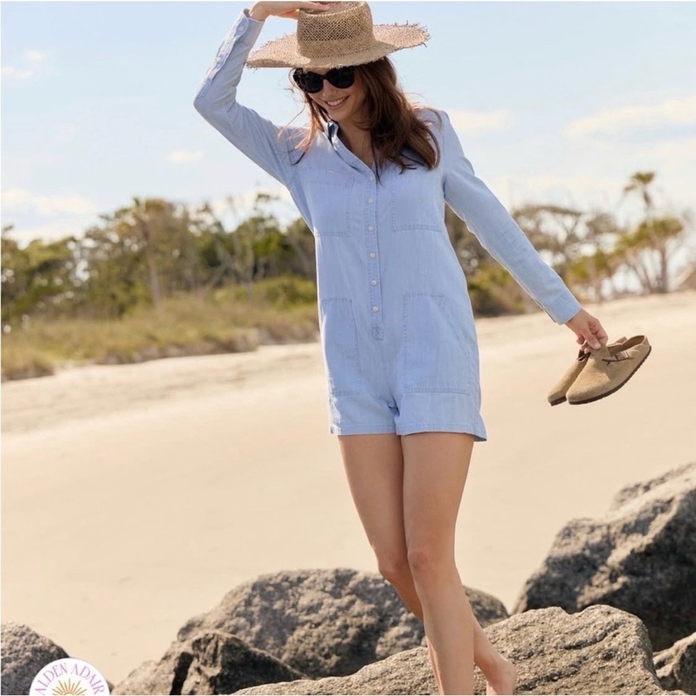 Le Marais The Folton Denim Romper Size Medium Button Front Retail $262 NWT - Picture 2 of 6